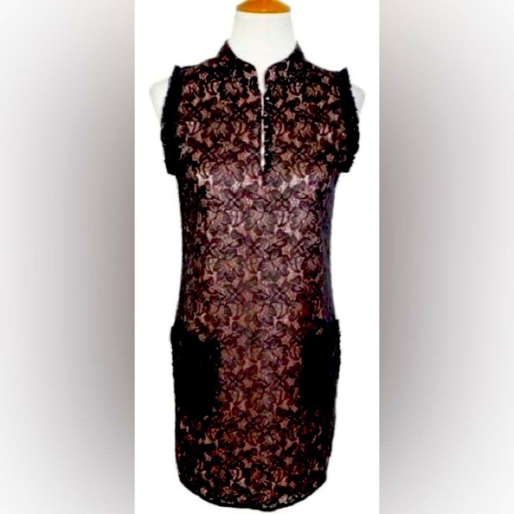 BCBG maxazria mini dress, black lace over pink